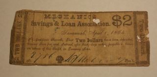 1864 Mechanics Savings & Loan Assc.  Savannah,  Georgia $2 Two Dollar Bank Note photo