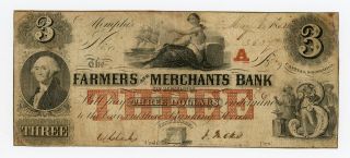 1852 $3 The Farmers And Merchants Bank - Memphis,  Tennessee Note photo