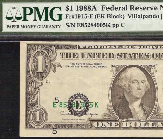 1988 - A $1 Dollar Bill Major Misalignment Error Federal Reserve Note Currency Pmg photo