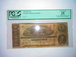 T - 58 1863 $20 Confederate States Of America Pcgs Very Good 10 Apparent photo