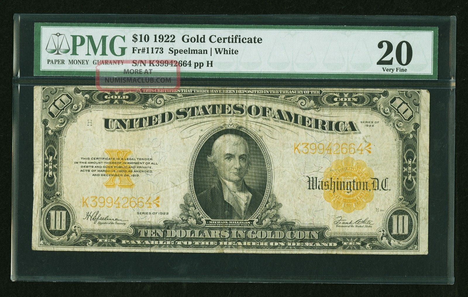 $10 1922 Gold Certificate Pmg Very Fine 20.  Fr.  1173 Speelman White Large Size Notes photo