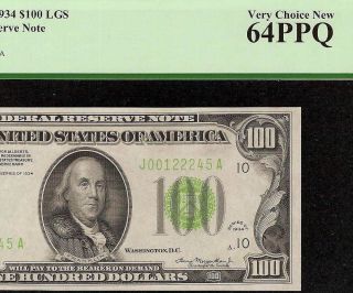 Unc 1934 $100 Dollar Bill Lgs Vivid Light Green Seal Federal Rer Note Pcgs 64ppq photo