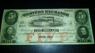 Crisp $5 Note River Paddlewheeler 1857 Western Exchange Omaha City Cu photo