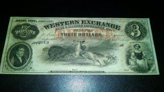 Crisp $3 Note W/ Indian & Buffalo 1857 Western Exchange Omaha City Cu photo