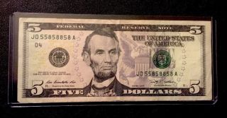 Binary $5 Bill - Unique Serial Number - 2 Doubles - 55858858 - Very Fine photo