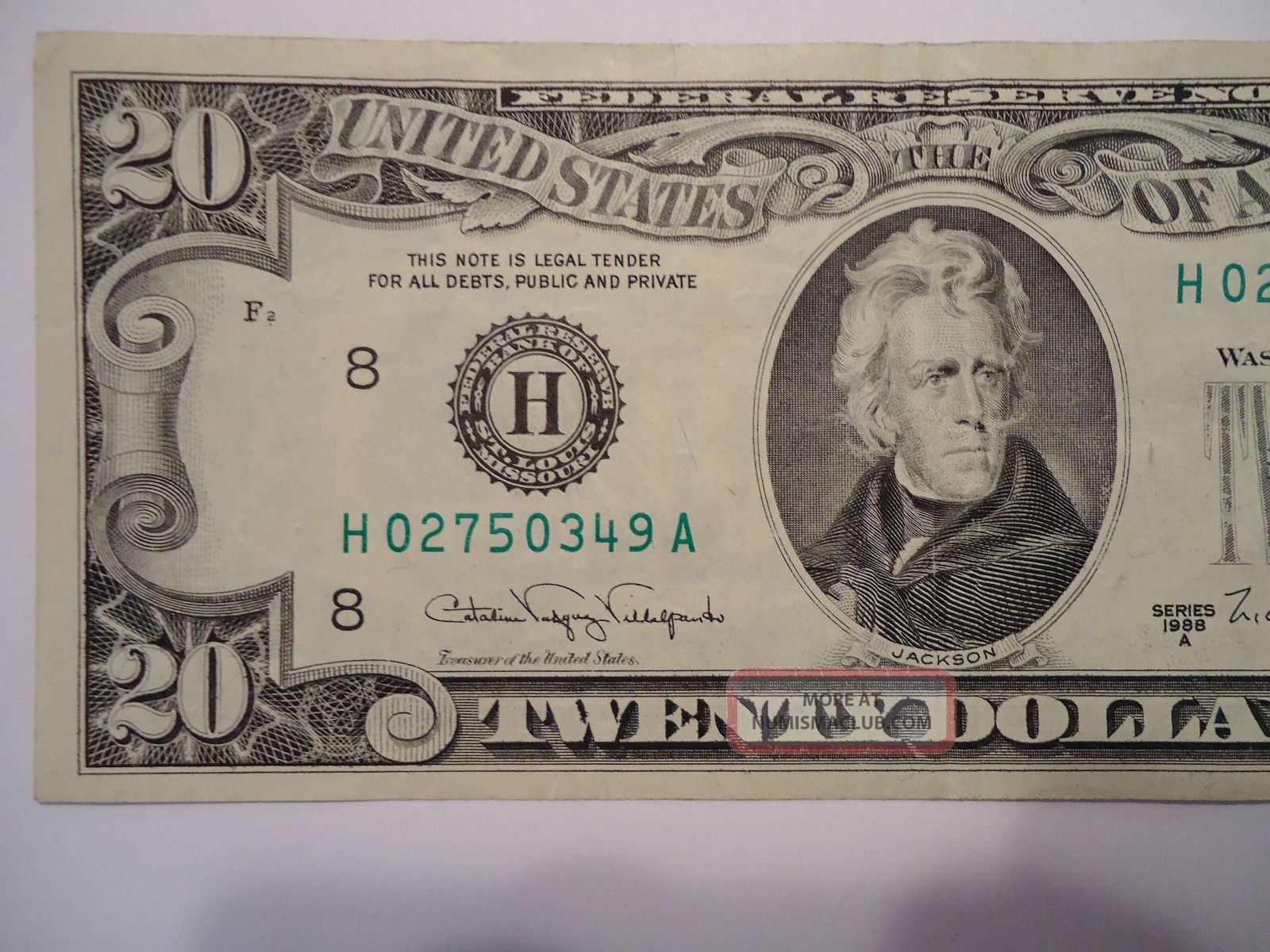 Old 1988a $20 St Louis Federal Reserve Note Dollar Bill H02750349a