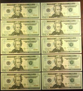 10 $20 Bills Consecutive Serial Numbers Twenty Dollar Bill 2013 photo