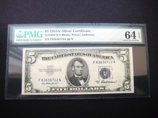 $5 1953 A Silver Certificate Choice Unc Bu Note Pmg 64 Epq photo