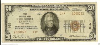 $20.  00 Circulated 1929 National Bank Note Elmira,  Ny.  T2 Charter 149 photo