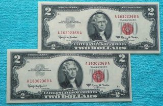 1963a 2 - Consecutive $2 Red Seal Us Note Two Dollar Bill photo