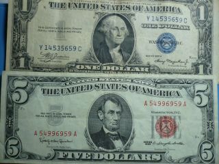 Silver Certificate $1 Dollar 1935a Plus 1963 $5 Dollar Red Seal photo