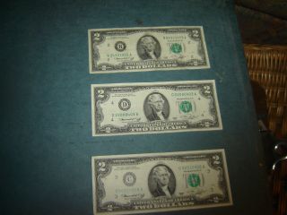 Get 3 $2 Two Dollar Jefferson Dollar Bill Green Seal Series Of 1976 Usa Fed Note photo