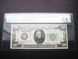 $20 1934 B Richmond Federal Reserve Choice Unc Note Pmg 64 Epq photo