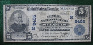 1902 Central National Bank Of St Louis $5 National Currency Note Ch 8455 photo