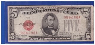 1928f 5 Dollar Bill Old Us Note Legal Tender Paper Money Currency Red Seal P - 49 photo