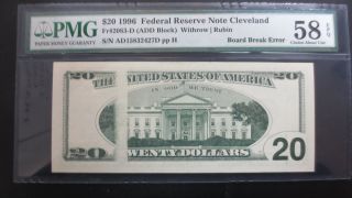 Pmg 1996 $20 Federal Reserve Note Board Break Error Choice Au 58 photo