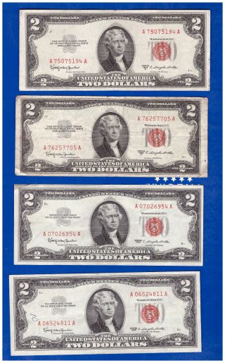 (4) 2 - 1953& 2 - 1963 Old Us Note Legal Tender Paper Money Currency Red Seal C - 57 photo