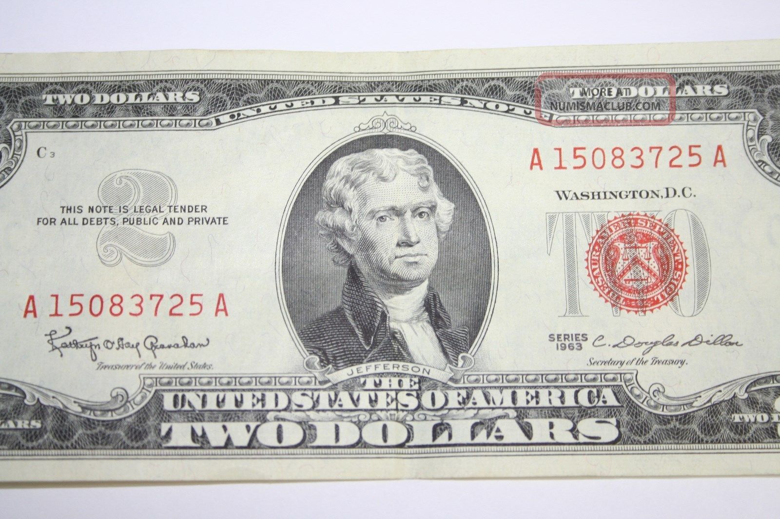 1963 Two Dollar Red Seal $2 Bill Great Vintage Note A 15083725 A 1963