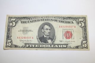 1963 Five Dollar Red Seal Note Sn A63290507a $5.  00 photo