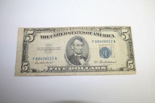 1953a Five Dollar Blue Seal Silver Certificate Sn F 68406012 A $5.  00 Note 1953 photo