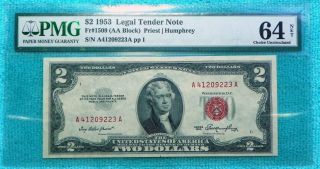 1953 $2 Pmg Cu - 64 Net Uncirculated Aa Block Red Seal Note Two Fr.  1509 photo