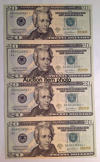 Uncut Sheet Of $20 Star Twenty Dollar Bills.  Us Uncut Money X4 Currency photo