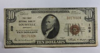 $10.  00 Circulated 1929 National Bank Note Louisville,  Ky T1 Charter 109 photo