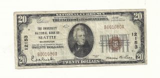 Series 1929 $20 The University National Bank Of Seattle Washington Currency Note photo