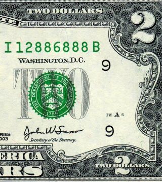 2003 $2 Federal Reserve Note  Fancy Serial Number  Uncirculated I 12886888 B photo