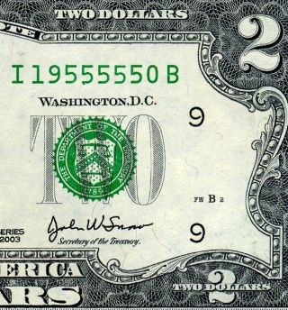 2003 $2 Federal Reserve Note  Fancy Serial Number  Uncirculated I 19555550 B photo