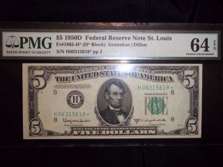 $5 1950d Star Note Pmg 64 (st.  Louis,  H Block,  Granahan/dillon) photo