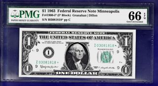 1963 $1 Federal Reserve Note Frn I - Star Cu Unc Pmg Gem 66 Top Pop photo