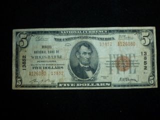 1929 Five Dollar National Note Wilkes - Barre Pa photo