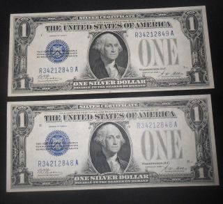 1928a One Dollar Silver Certificates /2 Funny - Backs / Consecutively Numbered photo