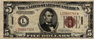 1934 - A $5.  00 Hawaii Federal Reserve Note - L55860792a - Bright Vf/xf Note photo