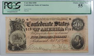 1864 Confederate States Of America $500 T - 64 Note Pcgs Choice About 55 Akr - B photo