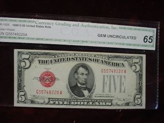 1928d $5 United States Note,  Fr - 1529,  Scarce Cga Gem Uncirculated 65 photo