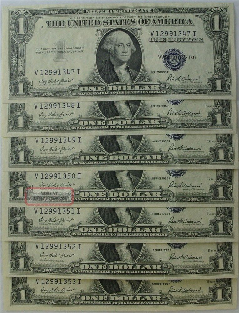 (7) Seven 1935 F Silver Certificates Consecutive Serial Numbers Au Small Size Notes photo
