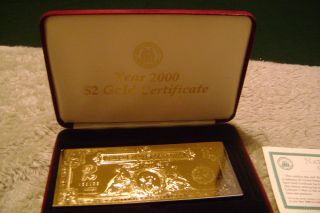2000 - Large Size $2 Gold Certificate In 22 Kt.  Gold - W/coa Ab3088 - photo