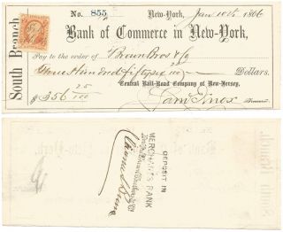1866 Central Railroad Company Of Jersey Bank Check & Internal Revenue Stamp photo