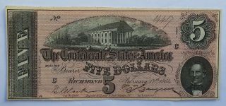 1864 $5 Csa Richmond Va Five Dollar Note Rare photo