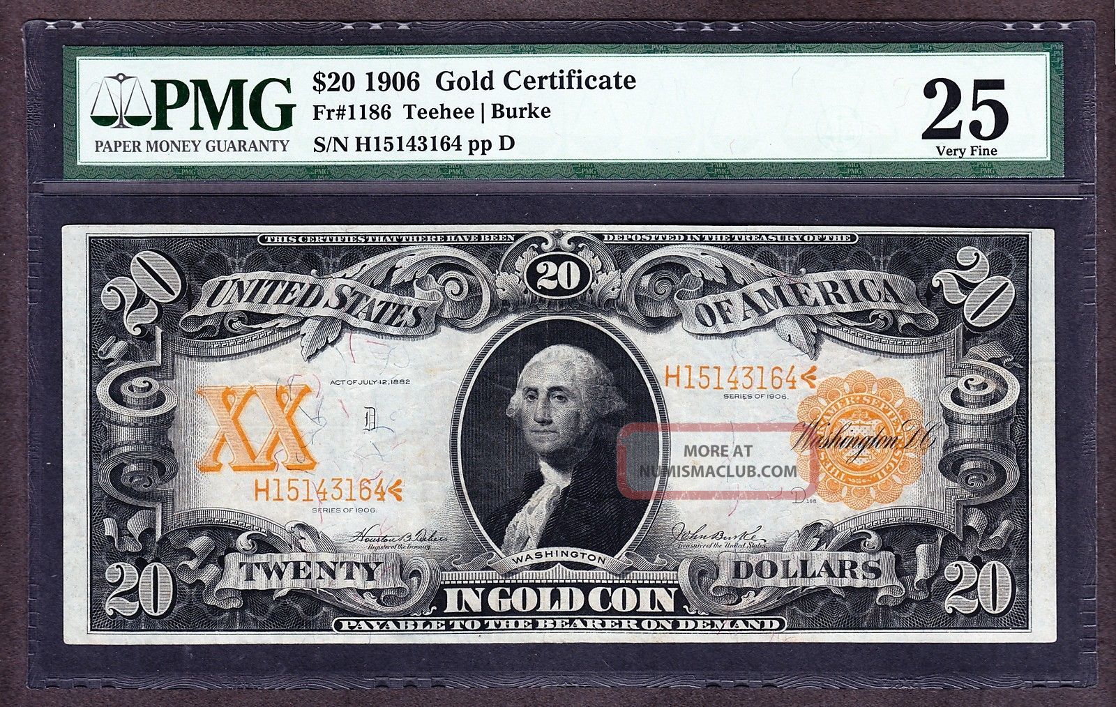 Us 1906 $20 Gold Certificate Fr 1186 Pmg 25 Vf (- 164) Large Size Notes photo