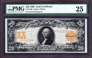 Us 1906 $20 Gold Certificate Fr 1186 Pmg 25 Vf (- 164) photo