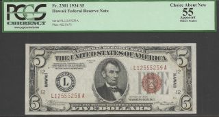 Fr.  2301 Non - Mule $5 1934 Hawaii Federal Reserve Note.  Pcgs 55 Choice About photo