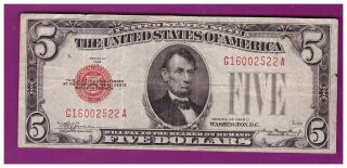 1928 C 5 Dollar Bill Old Us Note Legal Tender Paper Money Currency Red Seal L236 photo