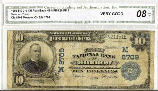 1902 - $10 - 3rd Charter Plain Back National Banknote - Morrow,  Ohio - Cga Certified Vg - 8 photo