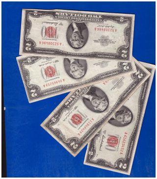 (4) 2 - 1953& 2 - 1963 Old Us Note Legal Tender Paper Money Currency Red Seal P - 70 photo