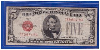 1928f 5 Dollar Bill Old Us Note Legal Tender Paper Money Currency Red Seal Lo - 87 photo