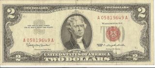 1963 $2 Dollar Bill Red Seal Note Circulated photo