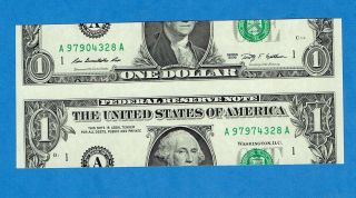 False Cutting Error $1 2009 A (boston) 2 Different Serial Numbers photo